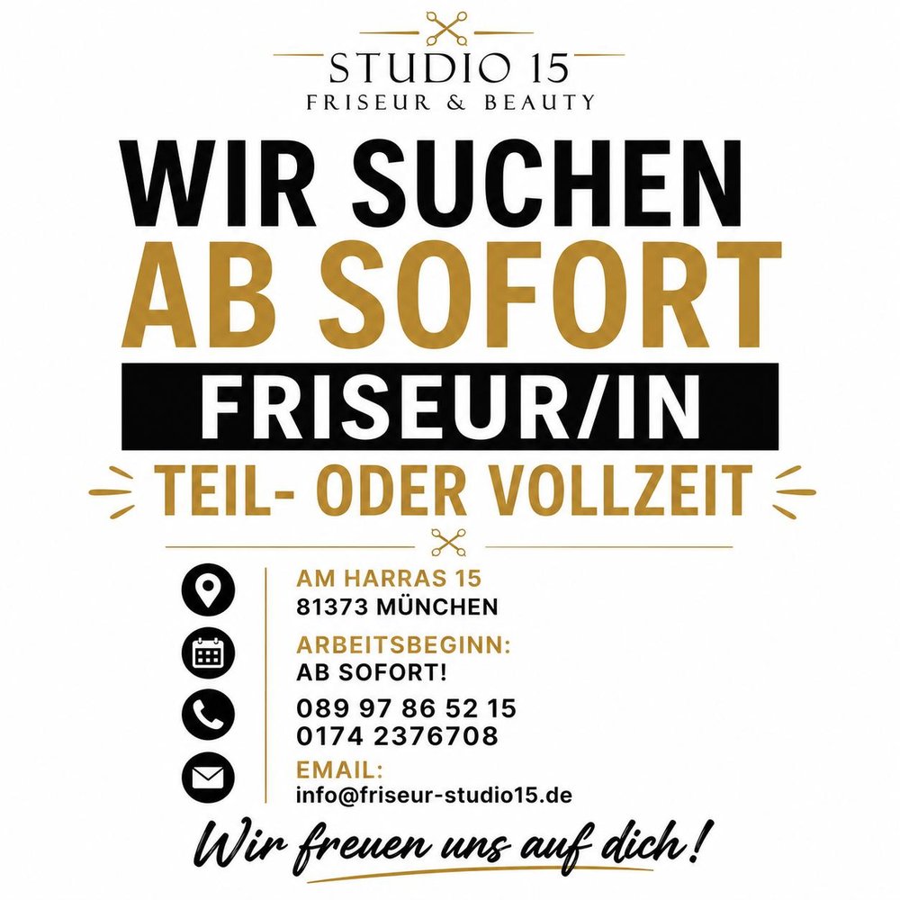 Stellenanzeige: Studio 15 sucht ab sofort Friseur/in in Teil- oder Vollzeit